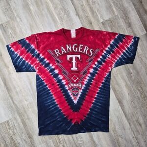 Vintage 90s Texas Rangers Majestic Tie Dye T Shirt Double Sided 2XL Blue‎ Red